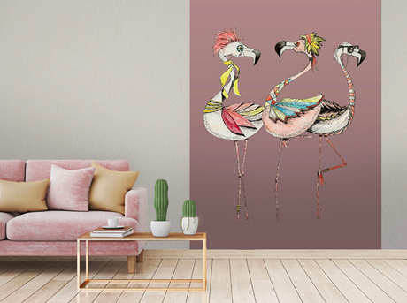 Papier peint panoramique original humouristique flamants roses Les Flams'Rock | Mise en situation