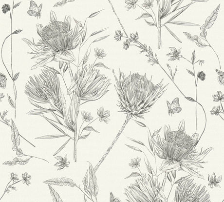 Papier peint dessin floral et papillon Champêtre beige | Mise en situation