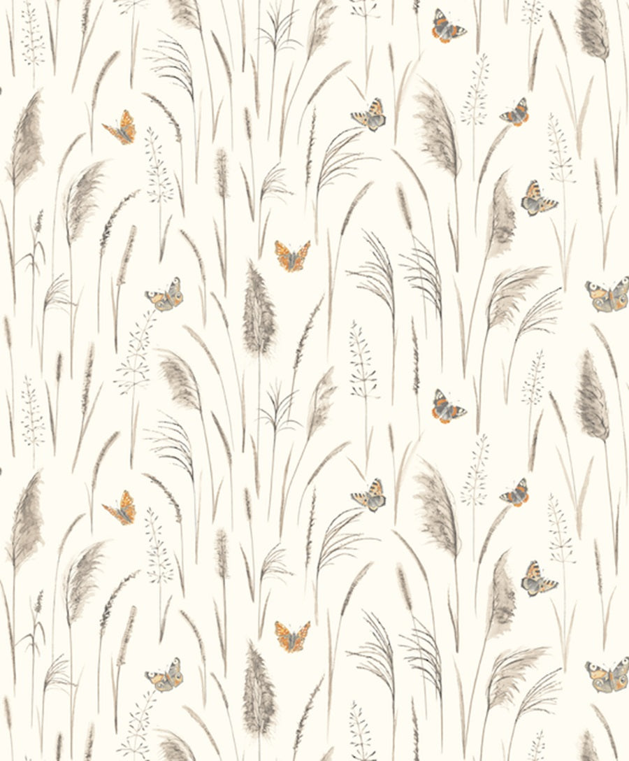 Papier peint panoramique nature floral et papillon fond beige Myrtil | Mise en situation