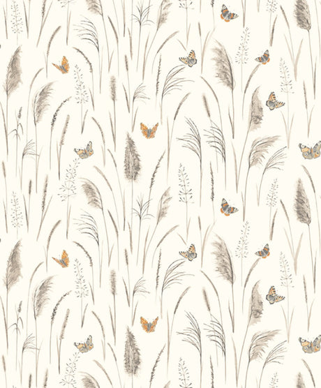 Papier peint panoramique nature floral et papillon fond beige Myrtil | Mise en situation