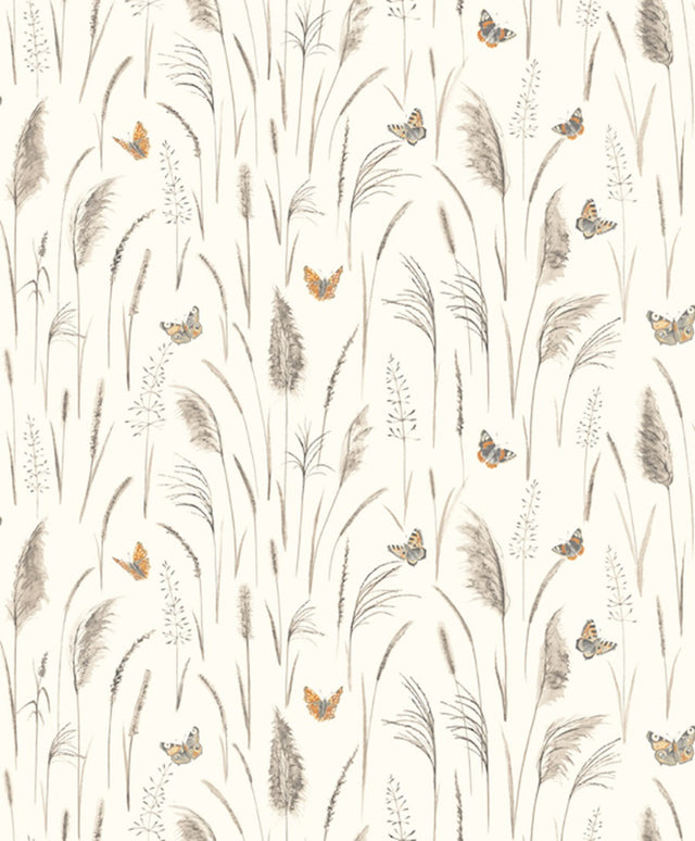 Papier peint panoramique nature floral et papillon fond beige Myrtil | Mise en situation